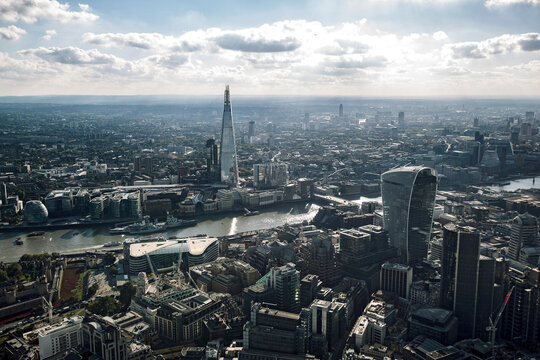 Aerial view of the City of London and modern architectural landmarks.