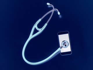 Telemedicine, stethoscope connecting to a smart phone online to connect to a healthcare professional to diagnose a health condition.