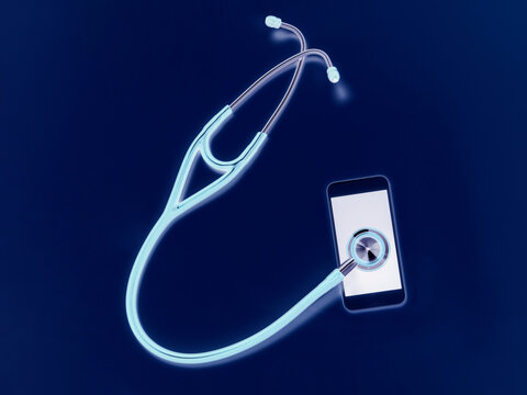 Telemedicine, stethoscope connecting to a smart phone online to connect to a healthcare professional to diagnose a health condition.
