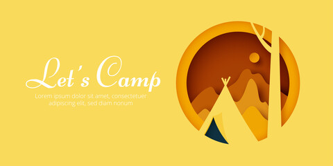 Let' Camping.Summer camp,campfire with yellow tent on forest landscape and mountains background.Adventures in nature and vacation.