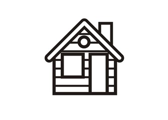 Hut building. Simple illustration in black and white with black outline.