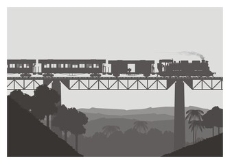 Steam locomotive pulling passenger train and passing high bridge. Simple flat illustration.