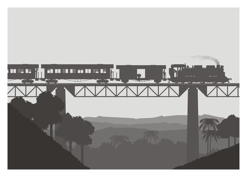 Steam locomotive pulling passenger train and passing high bridge. Simple flat illustration.