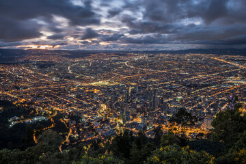 View from Cerro Monserrate at twilight over the city of Bogota