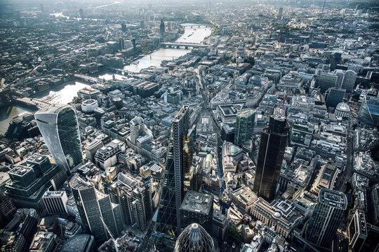 Aerial view of City of London and the River Thames, and architectural landmarks in the Square Mile financial district