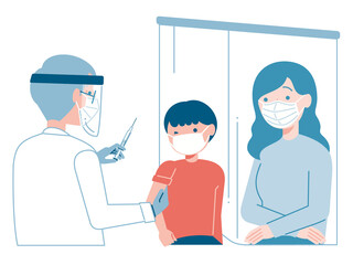 ワクチンを打つ医者と親子のイラスト