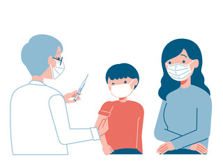 Obraz premium 注射をする医者と親子のイラスト
