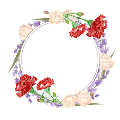 Watercolor floral wreath and bouquet frame illustration with red carnation, pink rose, lavender flowers