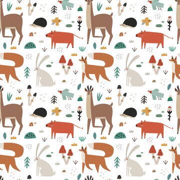Seamless pattern with cute scandinavian woodland animals and plants isolated on white background. Hand drawn forest mammals and birds vector illustrations. Deer, rabbit hare, fox, hedgehog, boar piggy