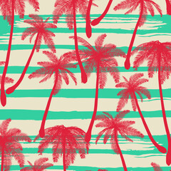 Tropical  flowers, palm leaves, vector seamless pattern. Jungle foliage illustration. Exotic plants. Summer beach floral design.