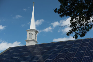 Washington, DC, USA - 27 August 2020: Solar Panels on the Roof of a Baptist Church on a sunny Day...