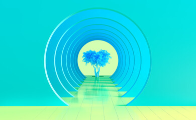 Minimal abstract background and mock up for the presentation and exhibitions of products. Round arches in the blue walls in perspective and a tree in the center of the corridor arches. 3d illustration