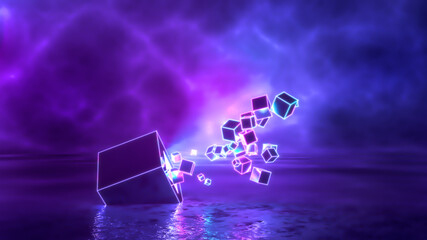 Abstract modern neon ultraviolet three-dimensional background, a lot of cubes flying in an explosion in motion from a huge cube lying on the shiny floor. 3d illustration