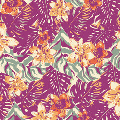 Tropical  flowers, palm leaves, vector seamless pattern. Jungle foliage illustration. Exotic plants. Summer beach floral design.