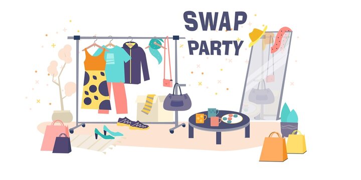 Swap party Illustration with clothes. Vector illustration. Trendy graphic design for print. Reduce and reuse concept