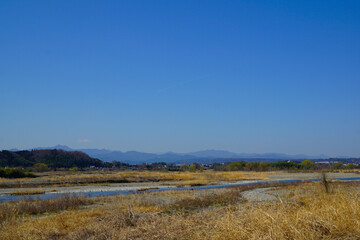 Fototapeta premium 早春の多摩川 風景 山並み