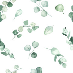 Watercolor seamless pattern with greens, leaves, eucalyptus branches on a white background
