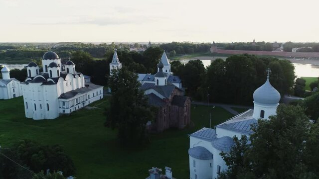 Russia, Velikiy Novgorod. Aerial View of Russian Orthodox Church. Novgorod Detinets also Novgorod Kremlin