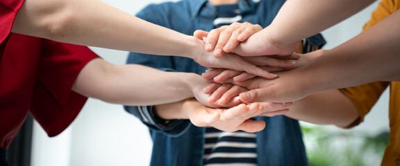 Teamwork,partnership and Social connection in business join hand together concept.Hand of diverse...