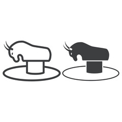 Attraction Rodeo line and solid icon, The rides concept, mechanical bull with saddle sign on white background, amusement park bull icon in outline style for mobile and web design. Vector graphics.