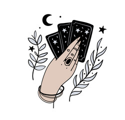 Female hand holds magic tarot cards, boho tattoo, symbol of fortune-telling and prediction, icon for witch, astrology. Vector illustration isolated on white background. - obrazy, fototapety, plakaty