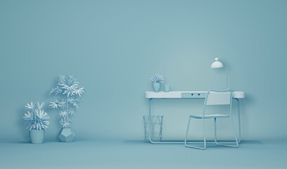 Pastel blue monochrome minimal office table desk. Minimal idea concept for study desk and workspace. 
3D rendering for picture frame backgrounds, working time