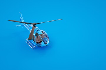 3D graphics, model of a blue helicopter. Blue helicopter on a colored background. Computer graphics.Isolated helicopter on a blue background