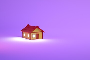 3D model of a house in the dark. House with the lights on from the inside. Glowing house in the dark. Small house, computer graphics.
