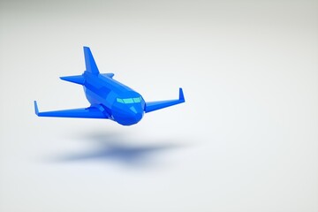 3D model of an airplane in the air. Blue airplane on a white background. Graphic model of the aircraft. Isolated blue plane on white background.