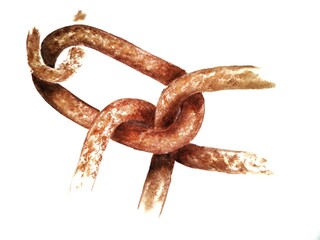 Fototapeta premium A rusty link of a metal chain made in watercolor technique on a white isolated background