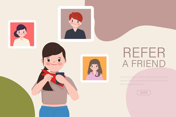 Young woman have refer a friend with smartphone. Web landing page refer friend concept.