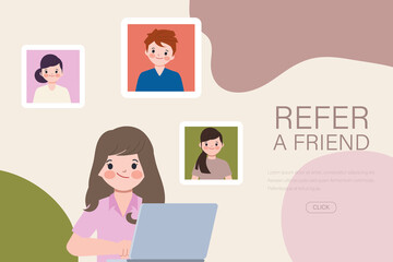 Young woman have refer a friend with laptop. Web landing page refer friend concept.