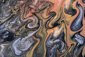 Abstract fluid art background dark brown and black colors. Liquid marble. Acrylic painting on canvas with beige gradient