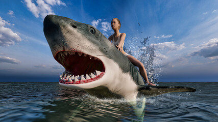 акуле        Image of a girl swimming on a shark 3D illustration
