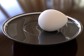 Image of a white egg on a dark plate 3D illustration