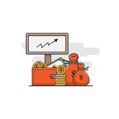 cartoon wallet vector illustration design containing money, money bag and statistics report board. financial statistical report design concept. flat cartoon style