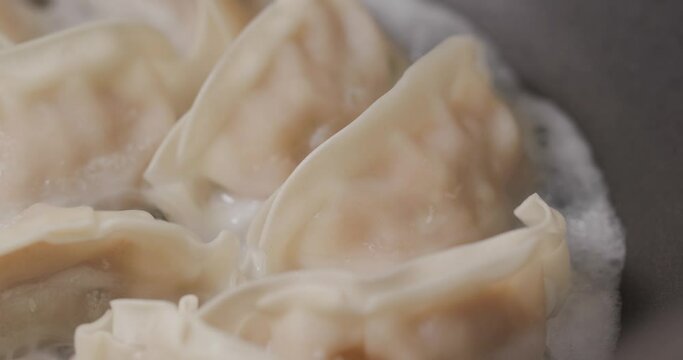 Grilling japanese dumpling on fry pan