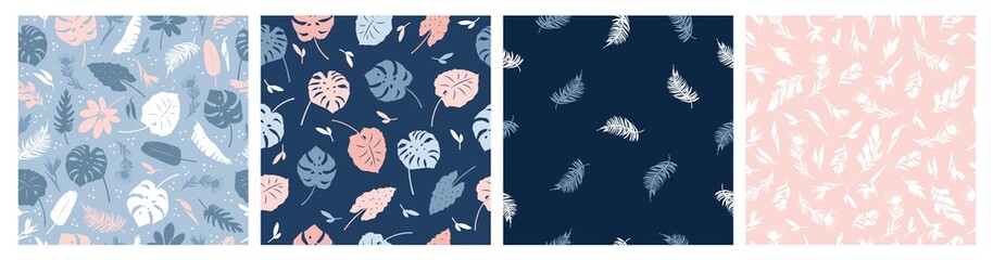 Vector set of seamless patterns of tropical leaves, plants, flowers on blue and pink. Beautiful print with exotic plants. Botanical design of fabrics, wallpapers, natural cosmetics, perfumes.