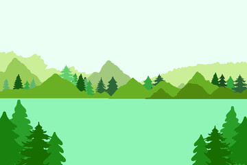 Vector design background on greenish color that capture the natural beauty of mountains surrounded by water — whether lakes or rivers.
