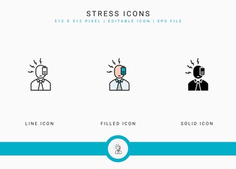 Stress icons set vector illustration with solid icon line style. Depression and pressure concept. Editable stroke icon on isolated background for web design, user interface, and mobile app