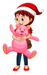 Happy girl cartoon character holding a teddy bear