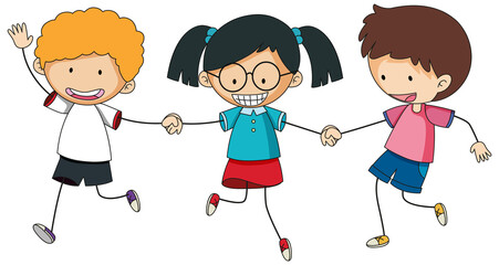 Happy kids holding hands doodle cartoon character