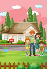 Outdoor scene with family standing in front of a house for sale