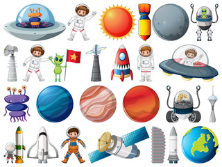 Set of space objects and elements isolated on white background