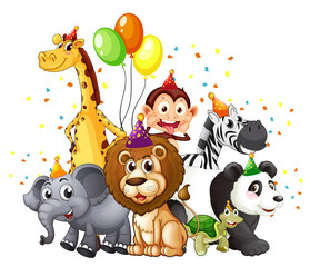 Group of wild animals with party theme isolated on white background