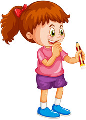 A girl holding a pencil cartoon character isolated on white background