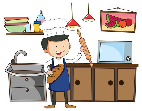 baker holding bread and rolling pin in kitchen clip art preview