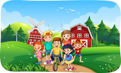 Farm scene with many children