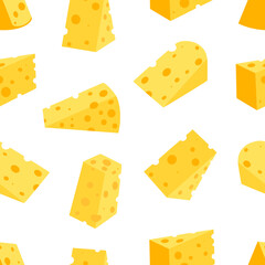 Cheese seamless pattern. Pieces of yellow cheese, isolated on a white background. Pieces of cheese of various shapes. Vector flat illustration