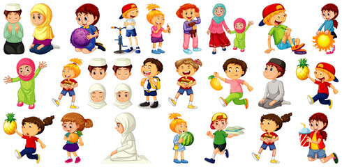 Obraz na płótnie Canvas Children doing different activities cartoon character set on white background